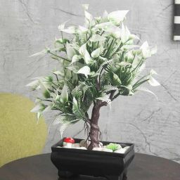 Green Plastic And Polyester Blend 3 Branched Large Greenish White Leaves And Flowers Bonsai Tree With Pot By Foliyaj-picture-47