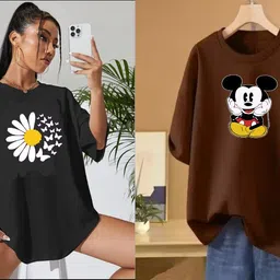 rapturous Pack of 2 Women Printed Round Neck Cotton Blend Black, Brown T-Shirt image 1