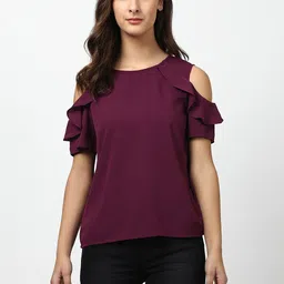 harpa Casual Cold Shoulder Sleeves Solid Women Purple Top-picture-10