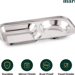 maru Pack of 6 Stainless Steel Tableware Compartment Plate|2 in 1 Rectangle Shape Plate Dinner Set image 2