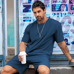 vogaan Men Top & Shorts Set Blue Solid image 3