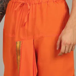 Sawariya Clothing Mens Orange Colour Panjakejam Readymade Golden Zari Border Dhoti Free size Silk Embroidered, Striped, Solid Men Dhoti image 3