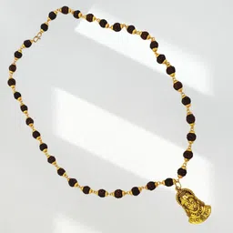 astha bhakti jewellery Natural 5 Face Rudraksha Mala with bajrang bali Locket Gold-plated Beads Brass, Wood Locket-picture-12
