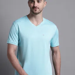 Friskers Men Turquoise Blue V-Neck Slim Fit T-shirt-image-24