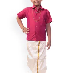 Thala-thalapathy Boys Pink & White Solid Shirt and Veshti With Gift Set-picture-26