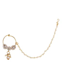 ANIKAS CREATION Gold-Plated White Beaded & Stone-Studded Chained Nose Ring-image-48