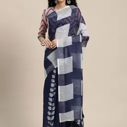Anouk Navy Blue Checked Pure Linen Saree image 1