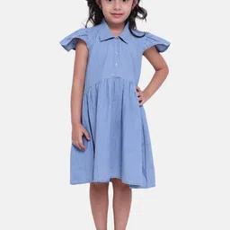 BownBee Girls Blue Solid Shirt Denim Dress-image-29