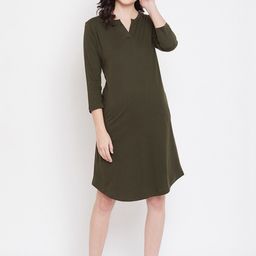 Hypernation Olive Green Solid Cotton Nightdress-picture-33