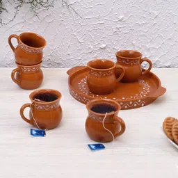Unravel India Set Of 7 Brown & White Printed Reusable Ceramic Handcrafted Cups With Tray-picture-13