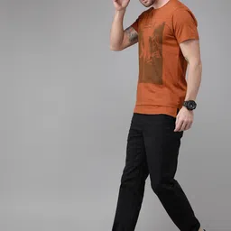 Roadster Men Rust Orange Printed Round Neck Pure Cotton T-shirt-picture-36