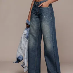 The Roadster Life Co. Women Baggy Wide Leg Low-Rise Mildly Distressed Heavy Fade Jeans-picture-19