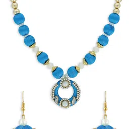 AKSHARA Girls Blue & Gold-Toned Kundan Studded Handcrafted Beaded Jewellery Set-image-21