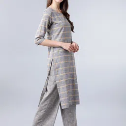 Vishudh Women Grey & Yellow Checked Straight Kurta-image-45