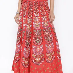 SOUNDARYA Coral Orange Ethnic Print Wrap-Around Maxi Skirt-image-42