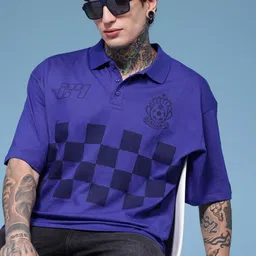 HERE&NOW Checked Polo Collar Pure Cotton Oversized Longline T-shirt-picture-39
