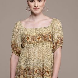 Label Ritu Kumar Green Print Smocked Georgette Cinched Waist Top-picture-33
