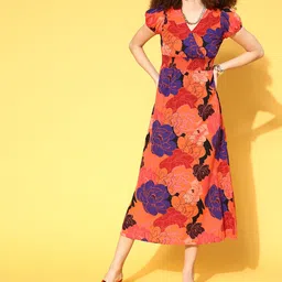 plusS Women Coral Floral Volume Play Dress-picture-14