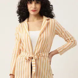 FABNEST Women Yellow & White Striped Spread Collar Coat-picture-12