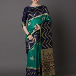 Mitera Green & Navy Blue Silk Blend Woven Design Kanjeevaram Saree-picture-27