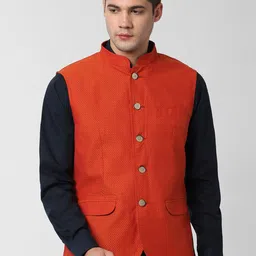 Peter England Men Orange Woven Design Nehru Jacket-picture-16