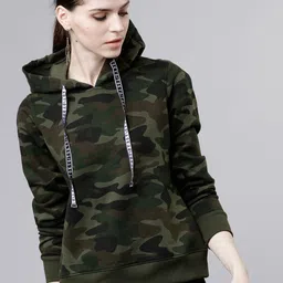 Tokyo Talkies Women Olive Green Camouflage Printed Hooded Sweatshirt-picture-37