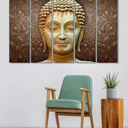 999Store Set of 5 Yellow & Brown Printed Meditating Buddha Framed Wall Art-picture-36