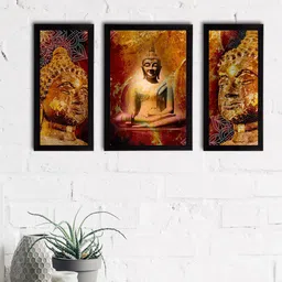 eCraftIndia Set of 3 Brown & Maroon Meditating Lord Buddha Satin Matt Textured UV Wall Paintings-picture-30
