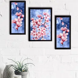eCraftIndia Set of 3 Blue & Pink Satin Matt Texture Floral UV Wall Art-picture-24
