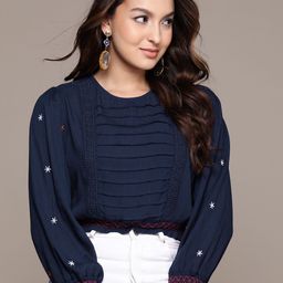 Label Ritu Kumar Floral Embroidered Puff Sleeve Crepe Blouson Crop Top-picture-11