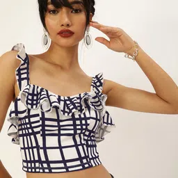 Veni Vidi Vici White & Navy Blue Checked Ruffles Styled Back Crop Top-image-24