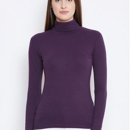 Hypernation Women Purple Solid Turtle Neck T-shirt-picture-16