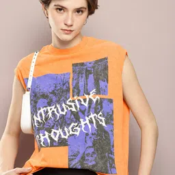 Kook N Keech Washed Effect Sleeveless Printed Pure Cotton Oversized T-shirt-image-1