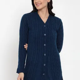Kalt Women Teal Blue Self Design Cardigan Sweater-picture-24