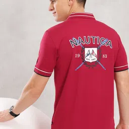 Nautica Brand Logo Print Pure Cotton Applique Detail Polo Collar T-shirt-picture-39