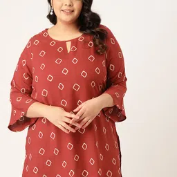Sztori Maroon & White Plus Size Geometric Printed Flared Sleeves Kurti-picture-18