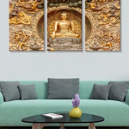 999Store Set of 3 Brown & Gold-Coloured Mural Lord Buddha Canvas Painting Wall Art-picture-28