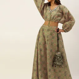 Ethnovog Women Green Printed Top with Skirt-image-0