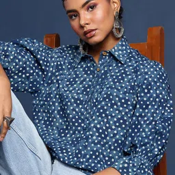 Taavi Printed Bishop Sleeves Indigo Pure Cotton Shirt Style Top-picture-33