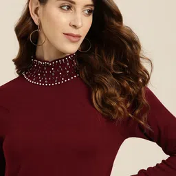 all about you Women Maroon Jewel High Neck Solid Pullover-picture-13