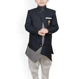 SG YUVRAJ Boys Black & White Solid Silk Sherwani-picture-6