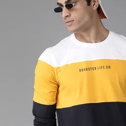 The Roadster Lifestyle Co Men White & Mustard Yellow Colourblocked Cotton Round Neck T-shirt-picture-11
