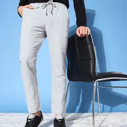Mast & Harbour Men Grey Solid Cotton Linen Slim Fit Trousers-picture-45