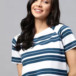 Mast & Harbour Women White & Navy Blue Pure Cotton Striped T-shirt-picture-10