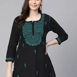 ADA Women Black & Green Chikankari Hand Embroidered Pure Cotton A-Line Sustainable Handloom Kurti-picture-25