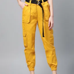 STREET 9 Women Mustard Yellow Regular Fit Solid Cargos-picture-39