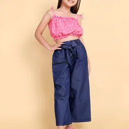 HERE&NOW Pure Cotton Schiffli Crop Top with Denim Palazzo image 2