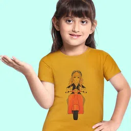 BRATMA Kids Mustard Yellow & Black Printed Cotton T-shirt-image-87