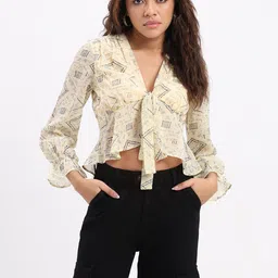 SZN Women Geometric Print Tie-Up Neck Puff Sleeve Georgette Top-image-12