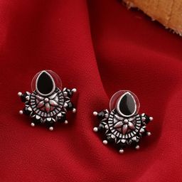 Voylla Oxidised Silver-Plated Black Contemporary Studs-picture-2